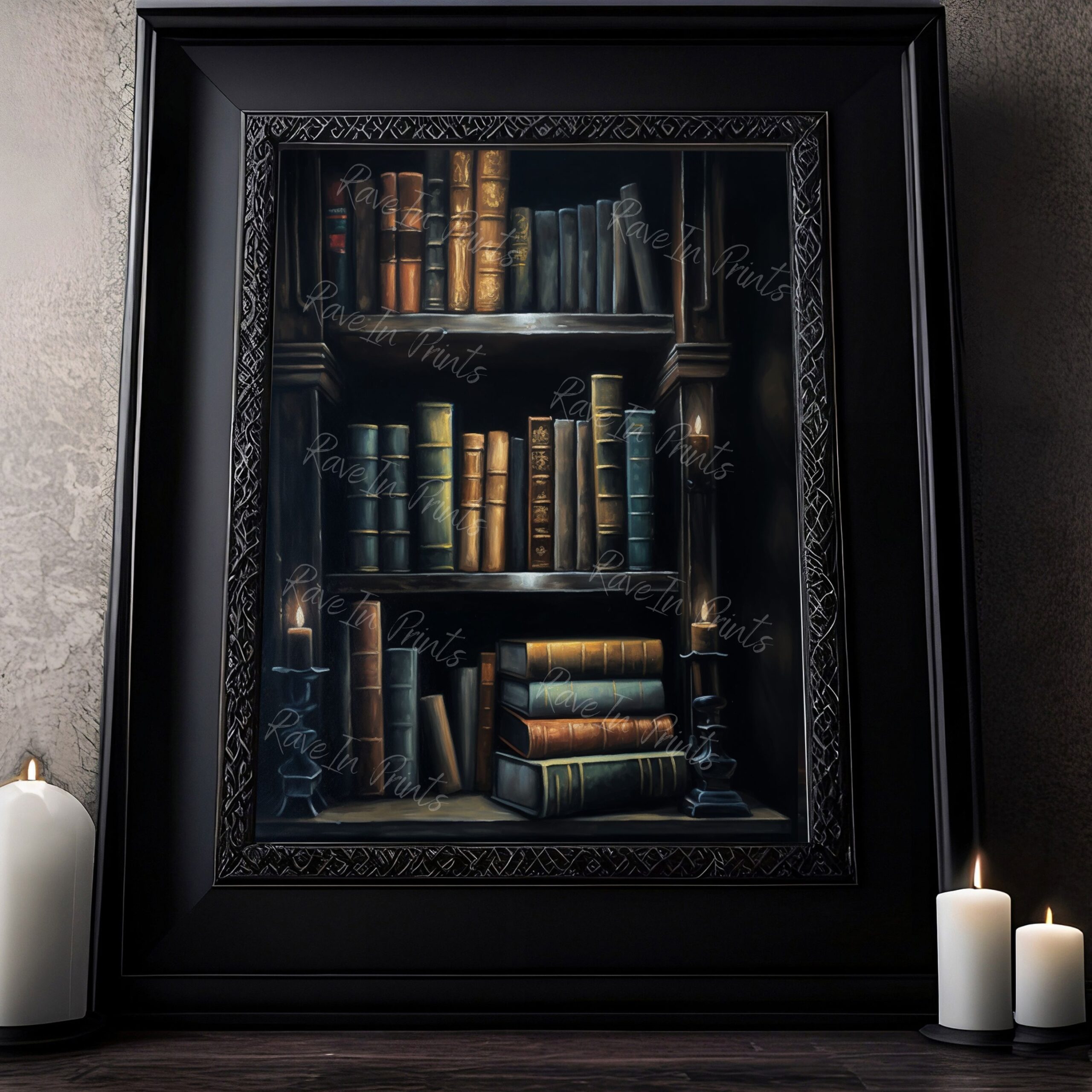 old book shelf, dark academia wall art