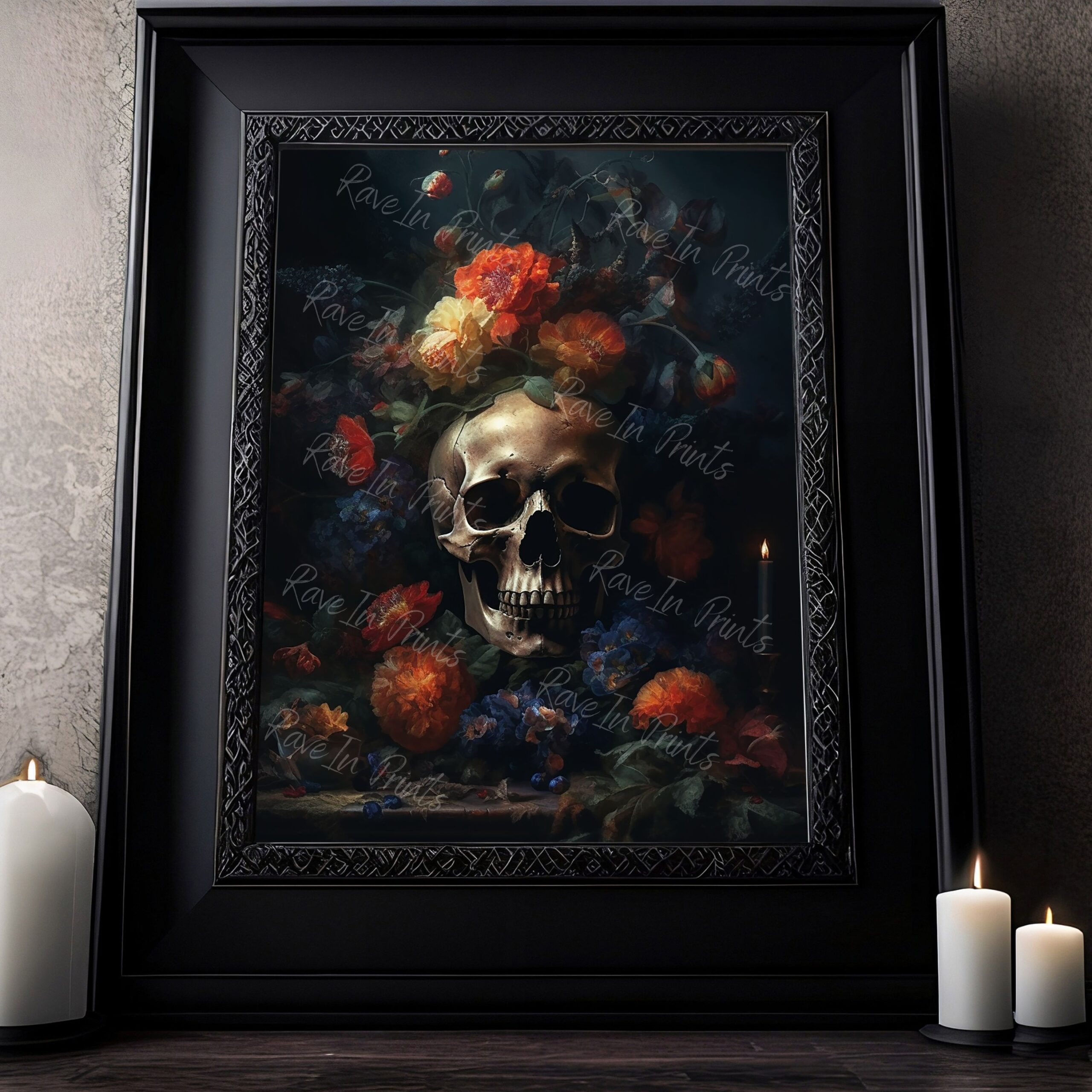 Still Life Skull With Flowers