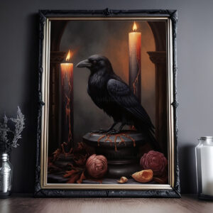 Raven Artwork, A poster with a raven and candles