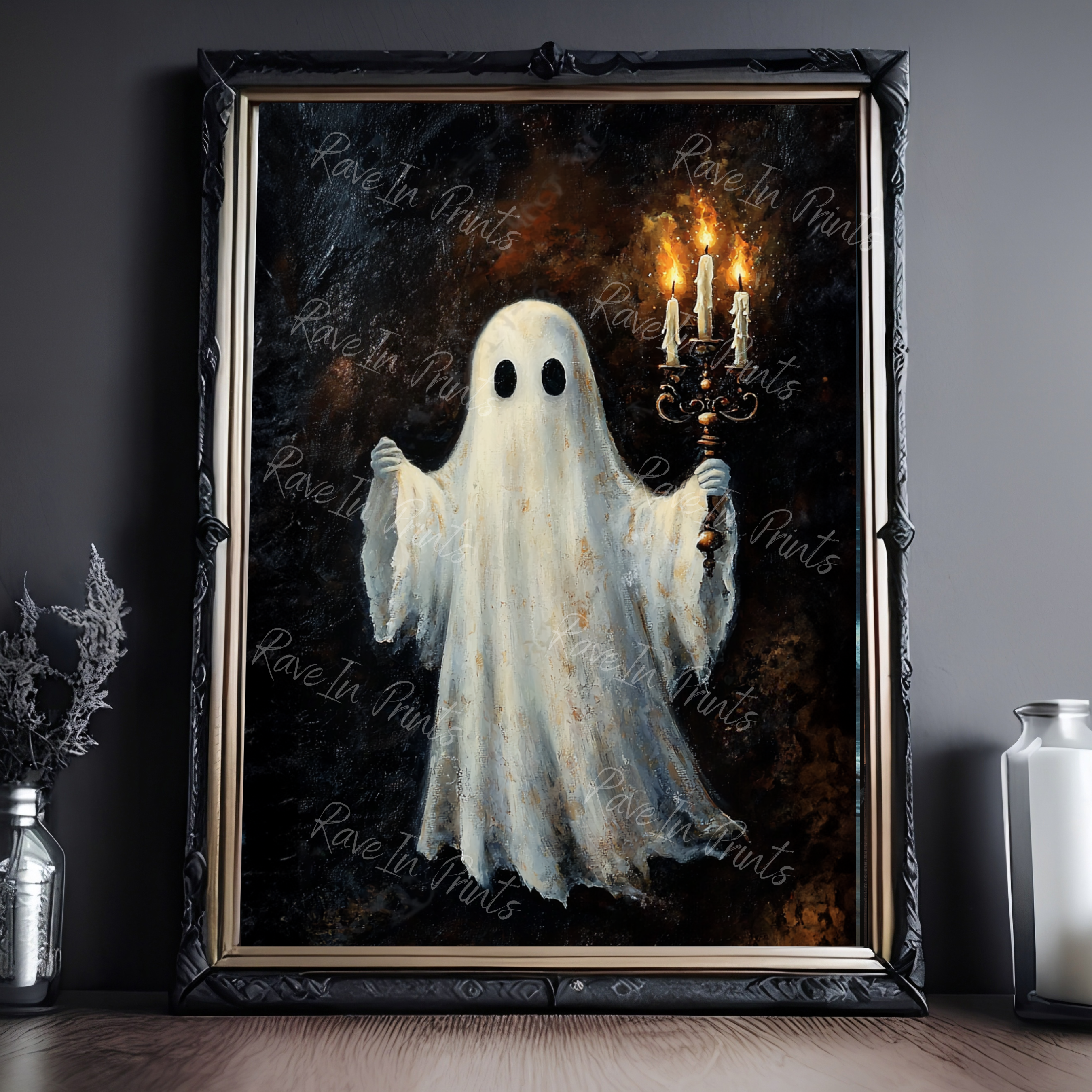 Ghost Holding A Candelabra, Halloween Decor, Gothic Wall Art, Ghost Painting