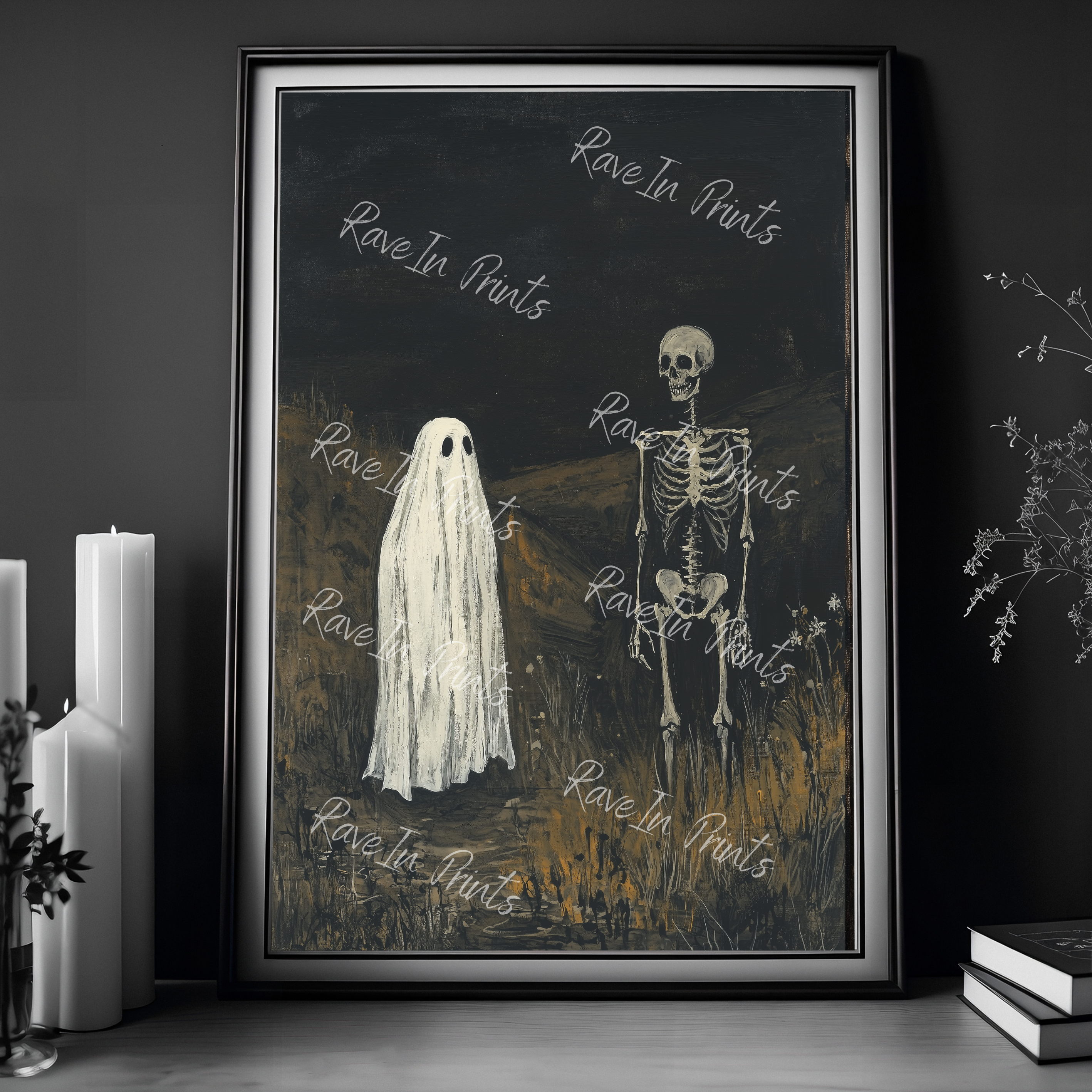 ghost and skeleton painting, halloween decor, gothic home decor