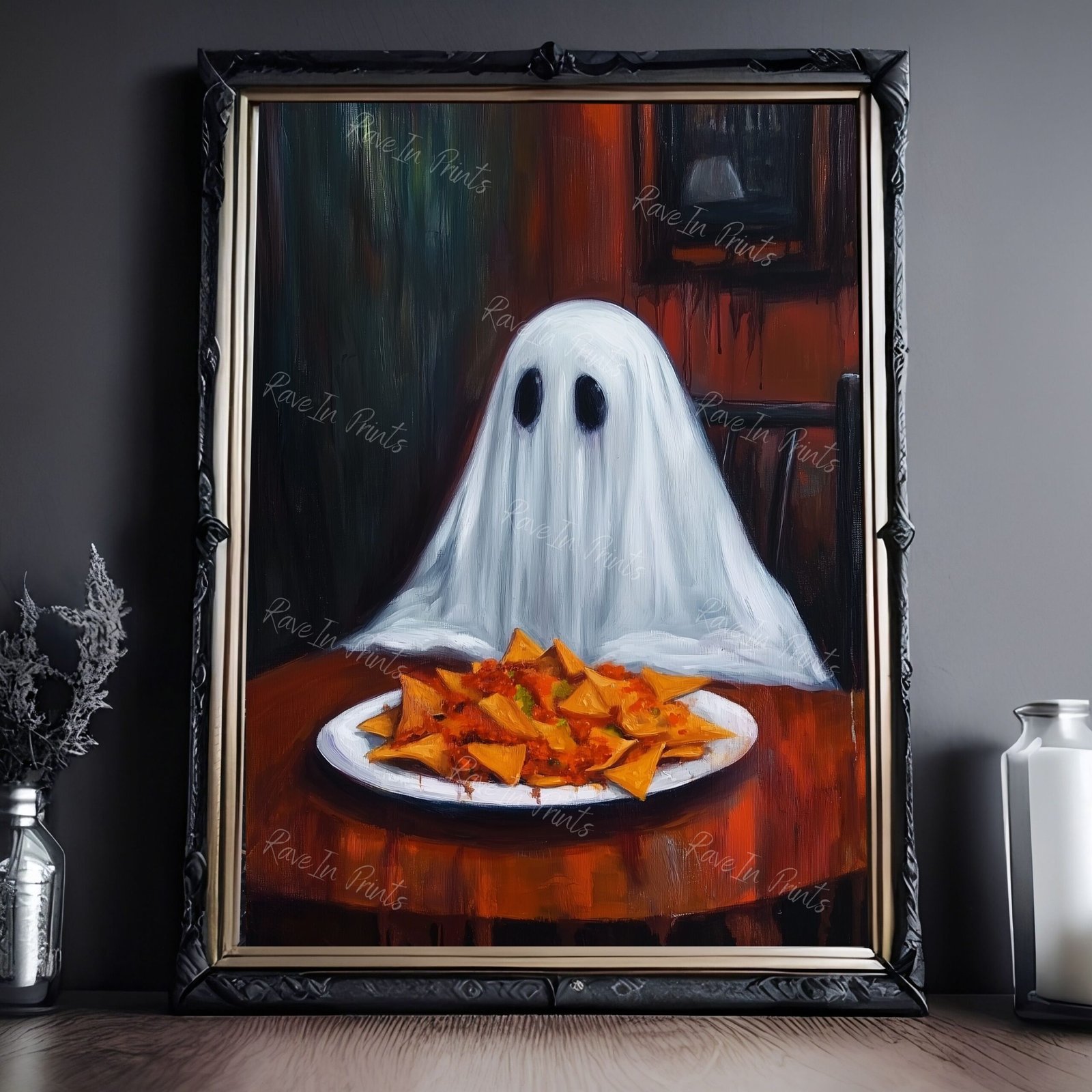 ghost eating nachos, ghost painting print, funny home decor