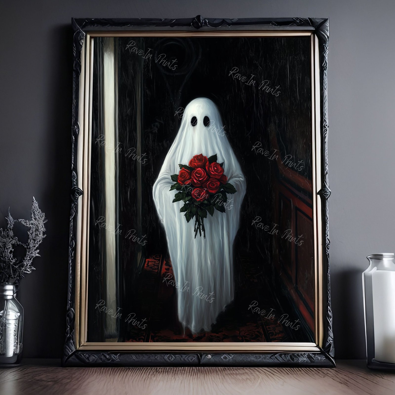 ghost holding roses, dark valentine's day gift, ghost painting