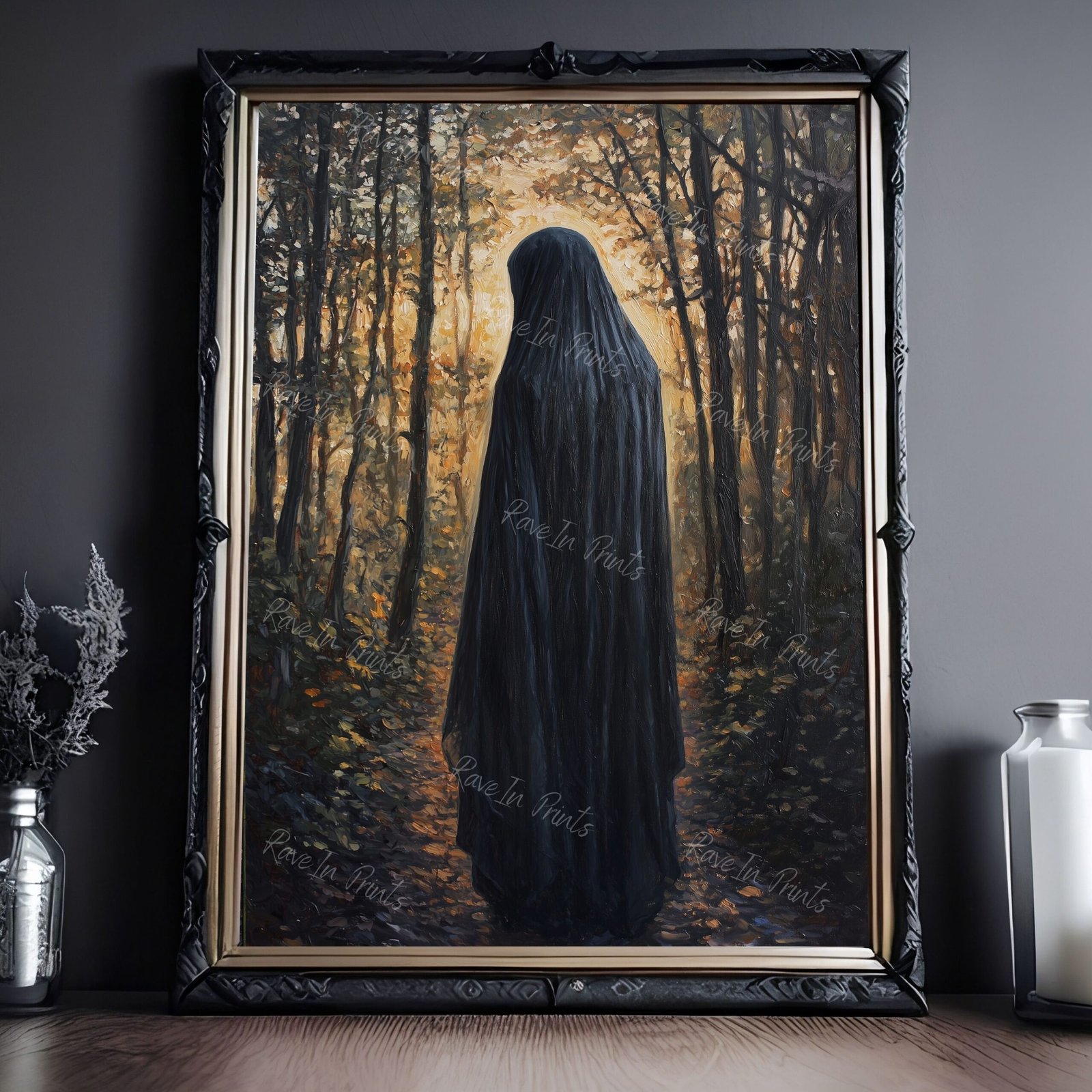 figure in the forest, spooky home decor, dark art