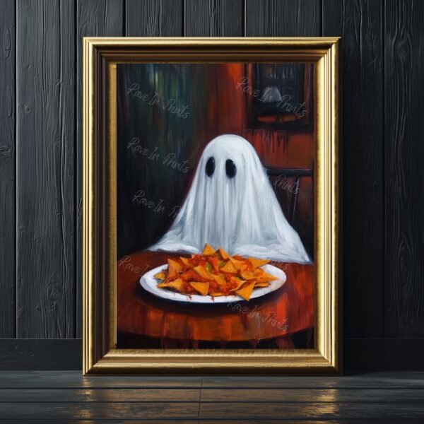 ghost eating nachos, ghost painting print, funny home decor