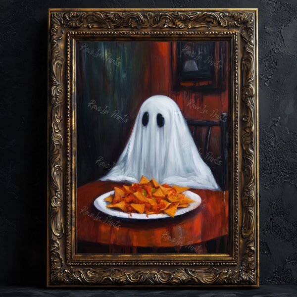 ghost eating nachos, ghost painting print, funny home decor