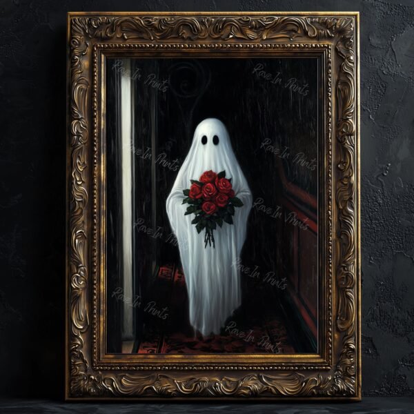 ghost holding roses, dark valentine's day gift, ghost painting